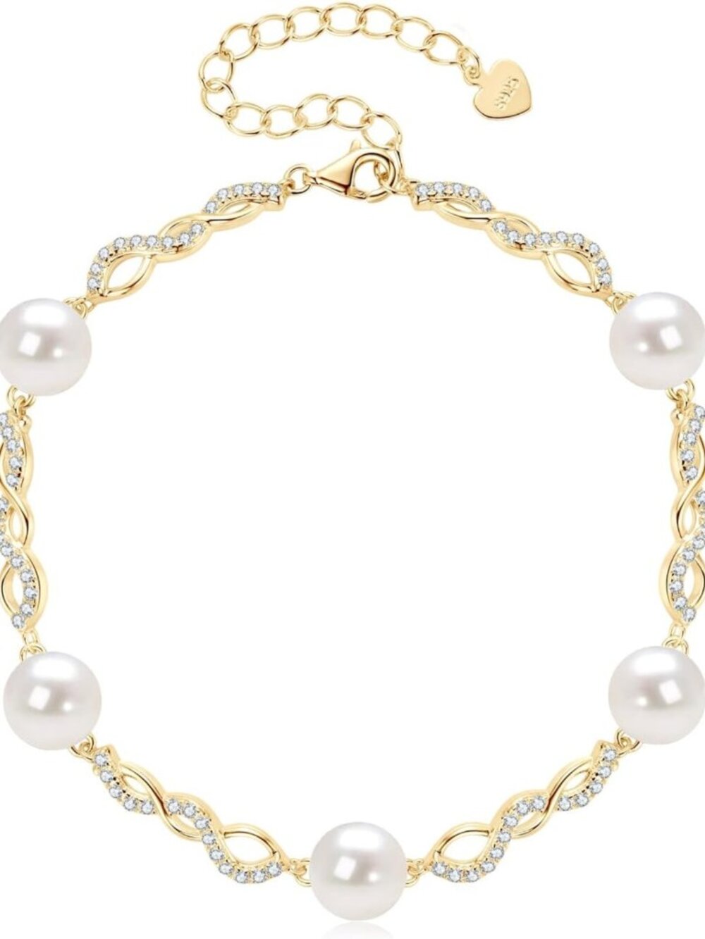 Elegant Gold Plated Infinity Bracelet with Freshwater Pearl & CZ, Adjustable